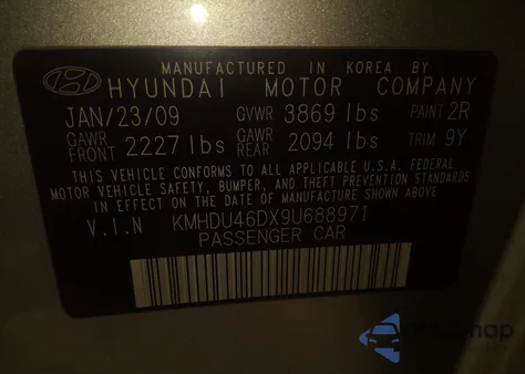 2009 Hyundai Elantra Gls from USA, damaged, VIN KMHDU46DX9U688971